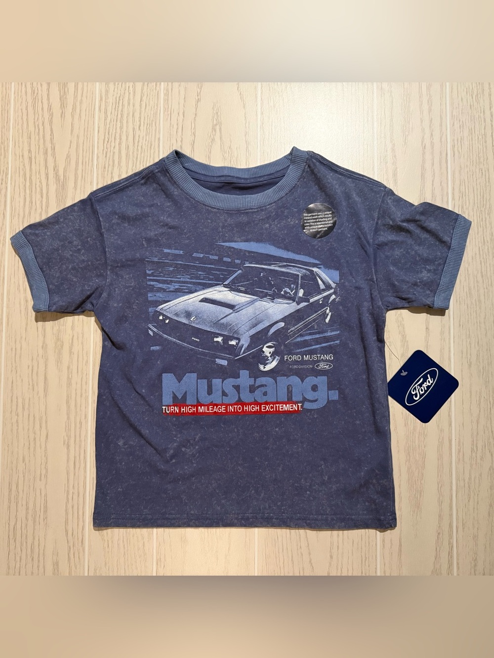 Ford Mustang Boys Size 8 Blue Mineral Wash Graphic Ringer T-Shirt NWT